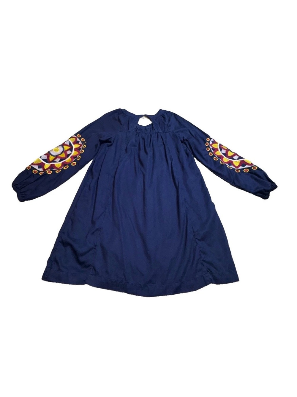 Crown & Ivy Womens Dress V-Neck Navy W/Embroidered Sleeves BoHo Sz L EUC
